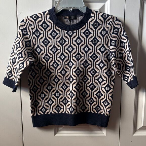 MAJE Mina Cropped Jacquard Sweater In Blue Size Small - Picture 1 of 3